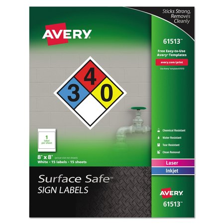 AVERY Surface Safe Removable Label Safety Sign, Inkjet/Laser, 8x8, Wht, PK15 61513